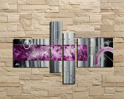 4 pcs/set set modern abstract grey silver lines purple oil painting on canvas wall art home living room decoration picture