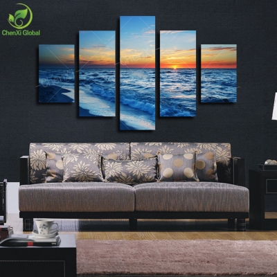 5 panel modern prints beach seascape oil painting sea wave sunset painting cuadros wall picture for living room(no frame) pr1011