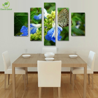 5 panel oil painting picture canvas painting butterfly bule flower home decaration for living room print on canvas(no frame)