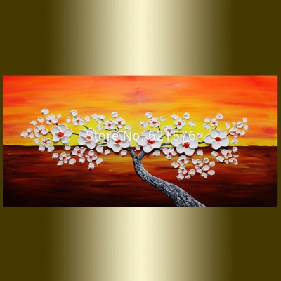 big hand-painted abstract home decor wall art picture thick palette knife white cherry blossom on orange oil painting on canvas