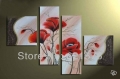 hand-painted hi-q hanging wall art home decorative abstract flower oil painting on canvas red corn poppy on pink 4pcs/set framed