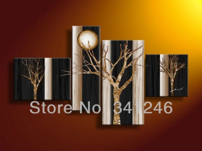 hand-painted hi-q modern wall art home decor abstract oil painting on canvas moon golden tree texture 4pcs/set framed