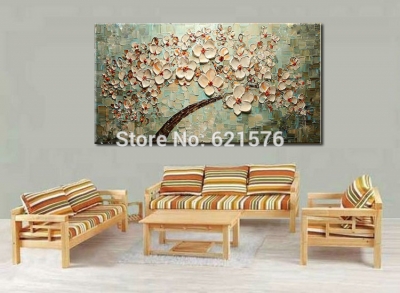 hand-painted modern home decor abstract khaki white cherry blossom trees wall art picture thick palette oil painting on canvas