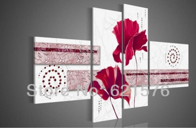 hand-painted modern wall art picture home decor abstract rose red corn poppy flower group oil painting on canvas 4pcs/set framed