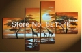 hand painted modern wall art picture home decor landscape animal tree giraffes in sunset oil painting on canvas 4pcs/set framed