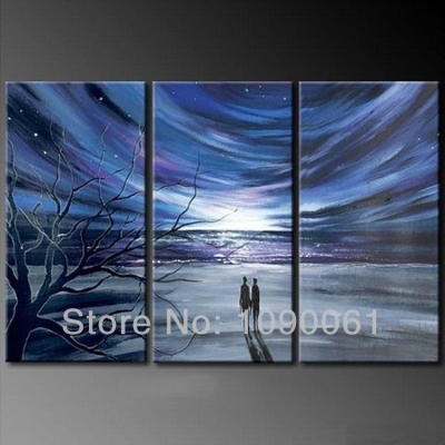 hand painted night star lovers ocean beach landscape painting wall art sets of 3 piece modern abstract canvas decor no frame