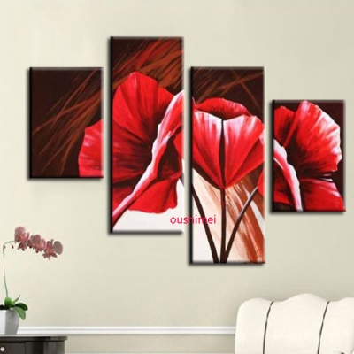 handmade 4pcs abstract red flowers wall art modern acrylic oil painting on canvas sencery colourful painting picture for decor