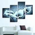 hand-painted hi-q abstract modern home decorative flower oil-paintings--white lily on blue raised canvas 4pcs/set framed