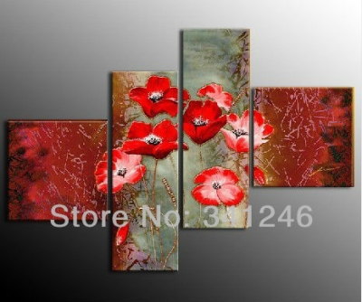 hand-painted hi-q art home decor flower oil painting on canvas blooming bright red corn poppy golden texture -4pcs/set framed