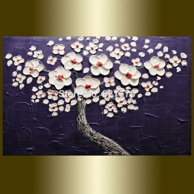 hand-painted modern home decor abstract dark purple white cherry tree wall art picture thick palette knife canvas oil painting