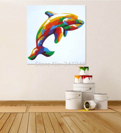 hand-painted modern wall art picture for living room home decor abstract dolphin cartoon animal oil painting on canvas framed