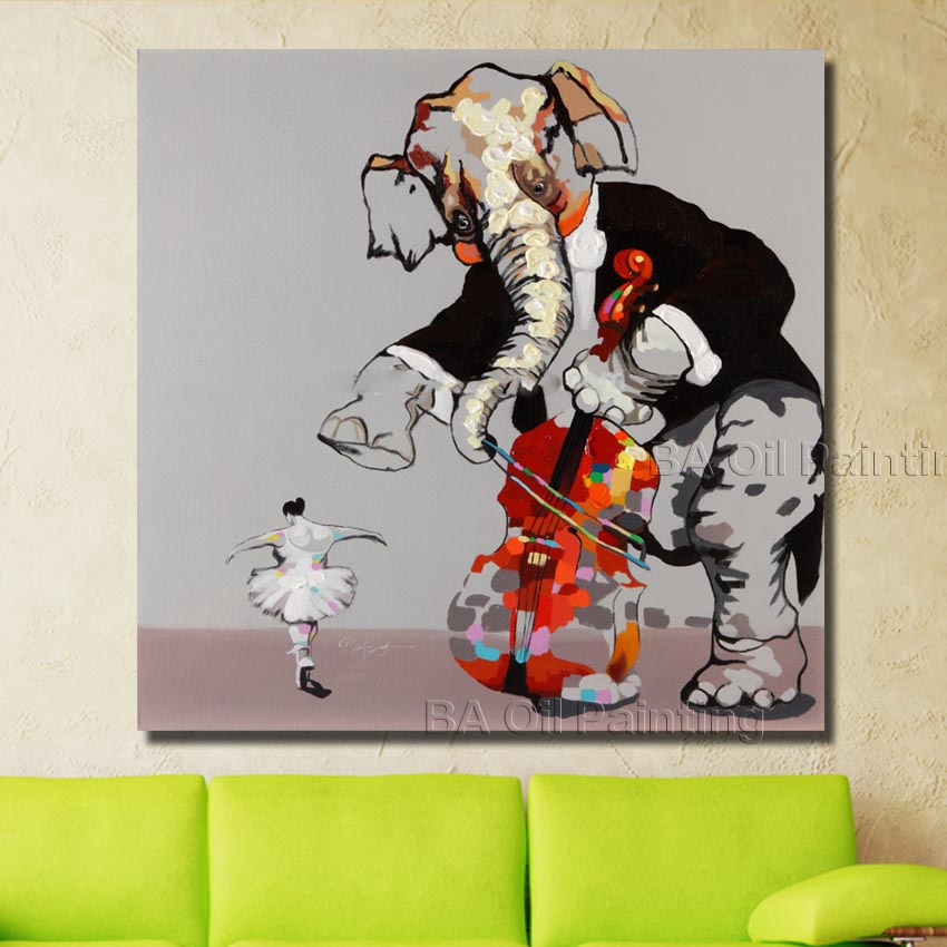 hand-painted the elephant cello and girl dance oil painting on canvas for kitchen decoration np010