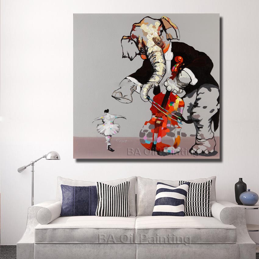 hand-painted the elephant cello and girl dance oil painting on canvas for kitchen decoration np010