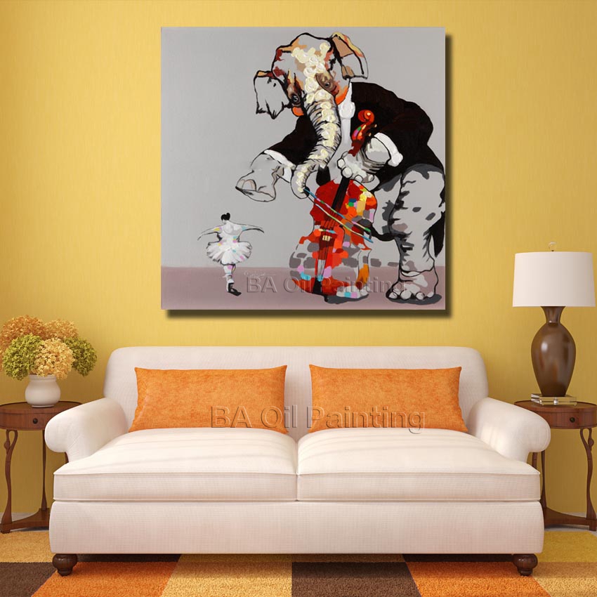 hand-painted the elephant cello and girl dance oil painting on canvas for kitchen decoration np010