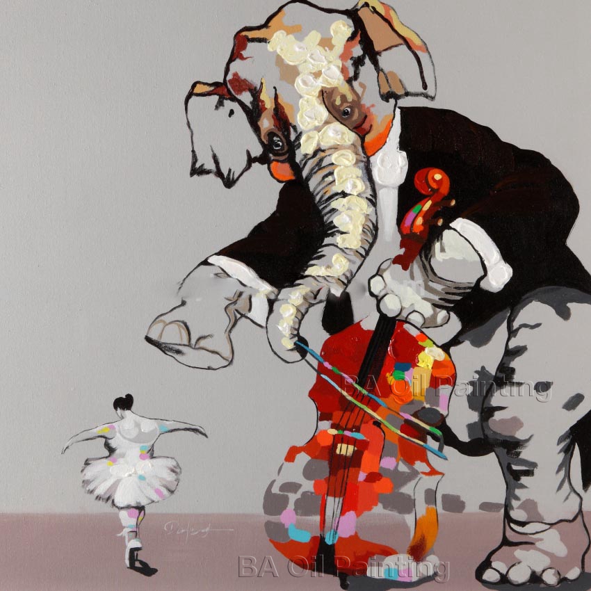 hand-painted the elephant cello and girl dance oil painting on canvas for kitchen decoration np010