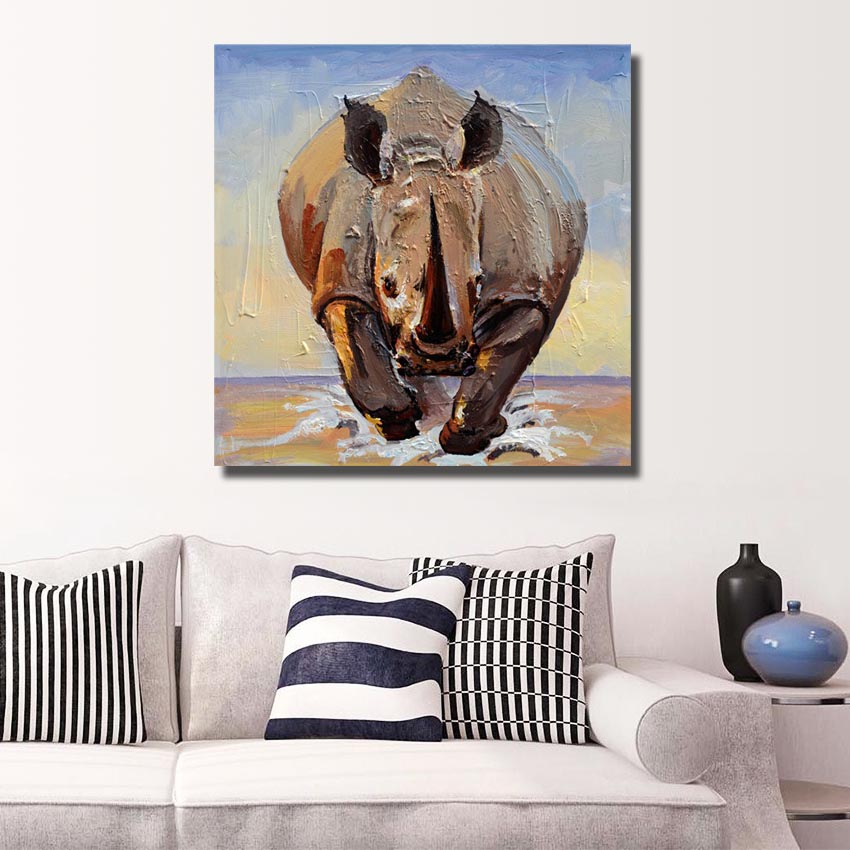 handpainted oil painting on canvas running rhino designed wall art home decoration no framed hand picture np004