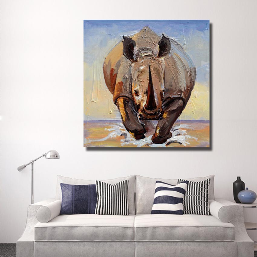 handpainted oil painting on canvas running rhino designed wall art home decoration no framed hand picture np004