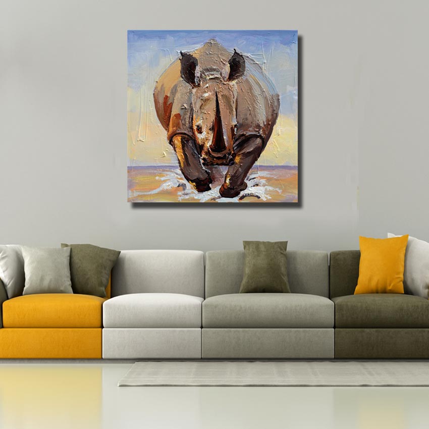 handpainted oil painting on canvas running rhino designed wall art home decoration no framed hand picture np004