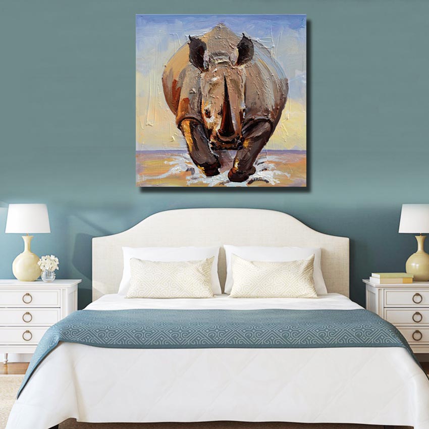 handpainted oil painting on canvas running rhino designed wall art home decoration no framed hand picture np004