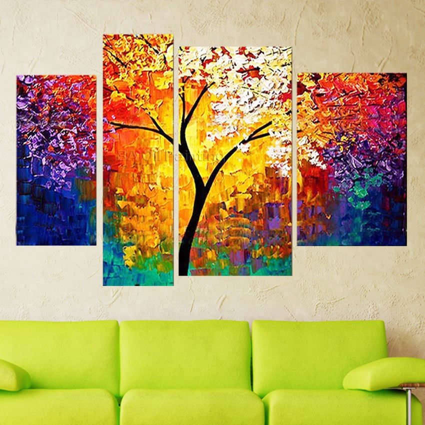 hand no framed 4cm stretched sunshine branch high abstract wall home decor landscape oil painting on canvas 4pcs a set