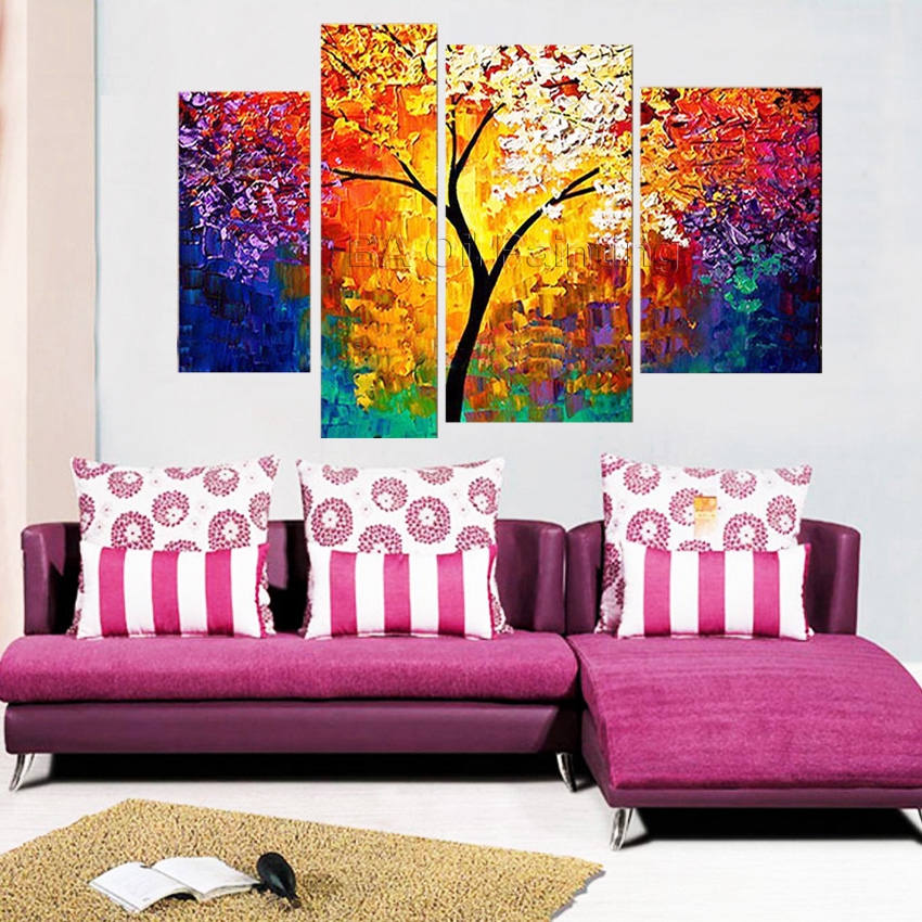 hand no framed 4cm stretched sunshine branch high abstract wall home decor landscape oil painting on canvas 4pcs a set