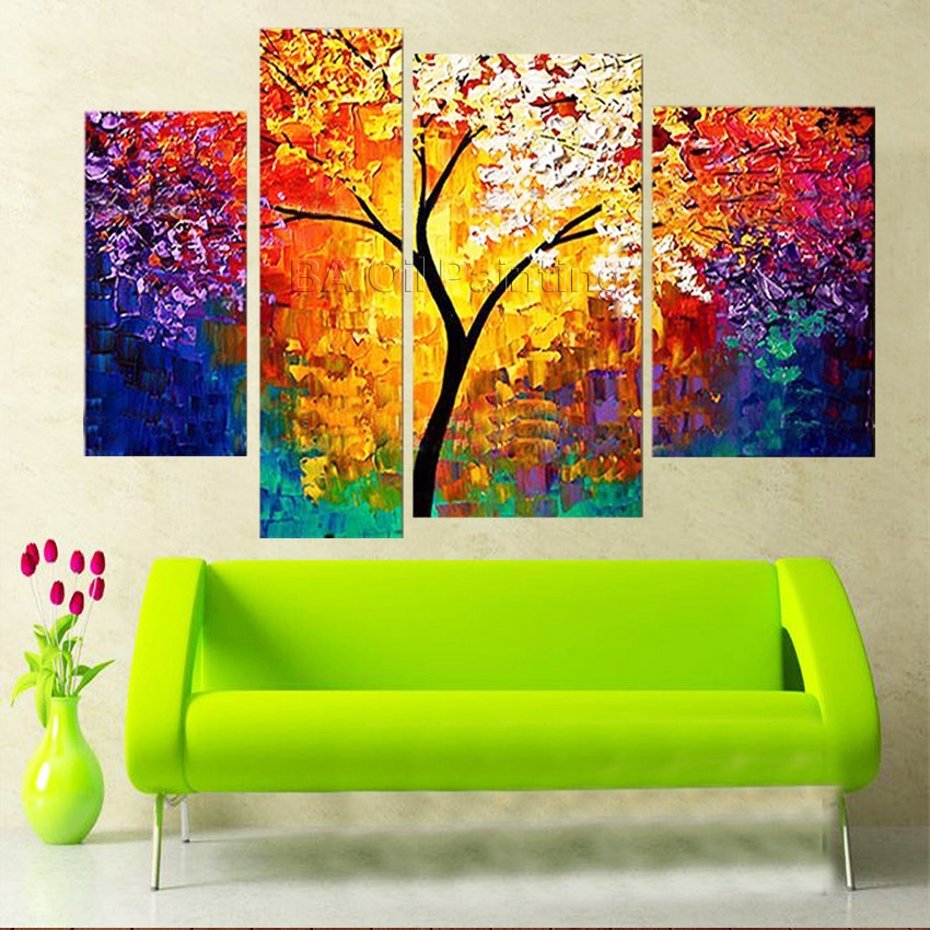 hand no framed 4cm stretched sunshine branch high abstract wall home decor landscape oil painting on canvas 4pcs a set