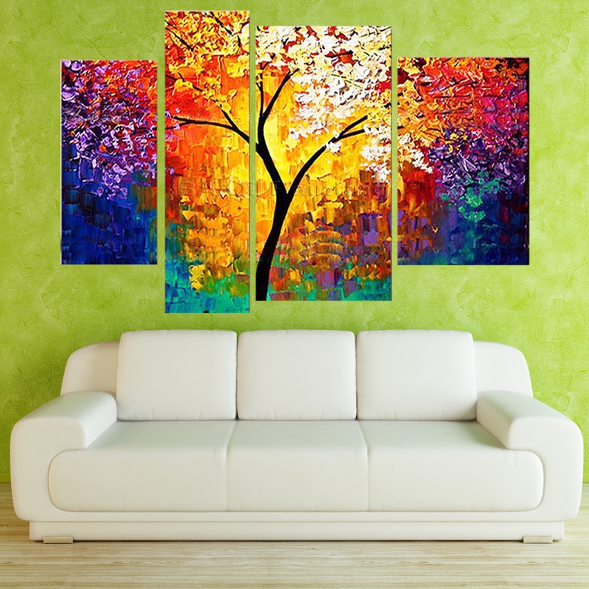 hand no framed 4cm stretched sunshine branch high abstract wall home decor landscape oil painting on canvas 4pcs a set