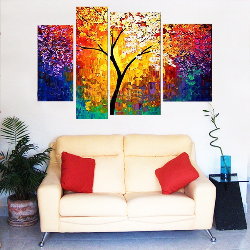 hand no framed 4cm stretched sunshine branch high abstract wall home decor landscape oil painting on canvas 4pcs a set