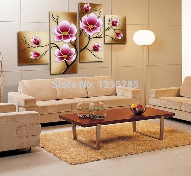 hand painted 4 pcs/set pink modern decorative oil painting on canvas wall art flower picture for living room as unique gift