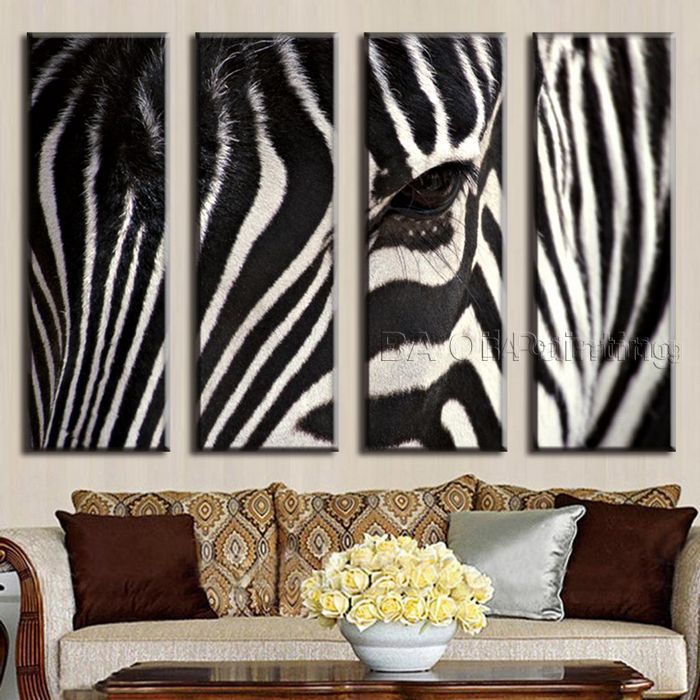 for sell whole modern 4 pieces animal handpainted oil canvas painting picture face of zebra living room decor