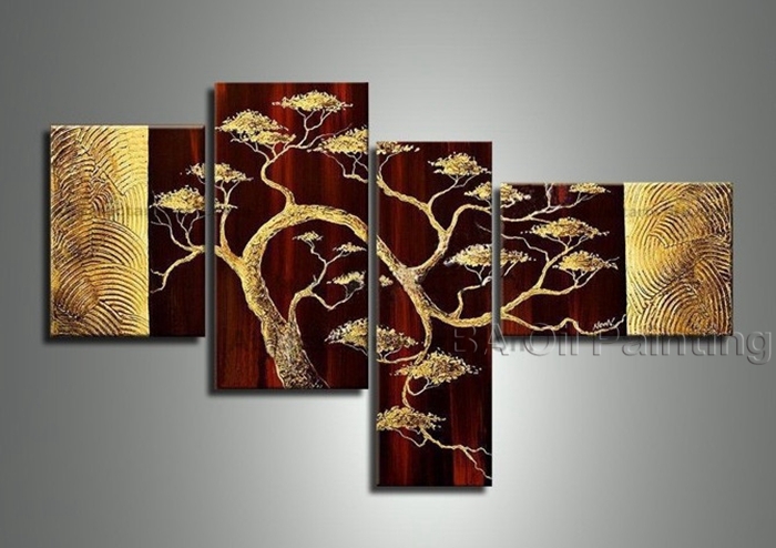 handpainted 4 piece yellow landscape oil paintings on canvas wall art beautiful scenery tree pictures for living room home decor