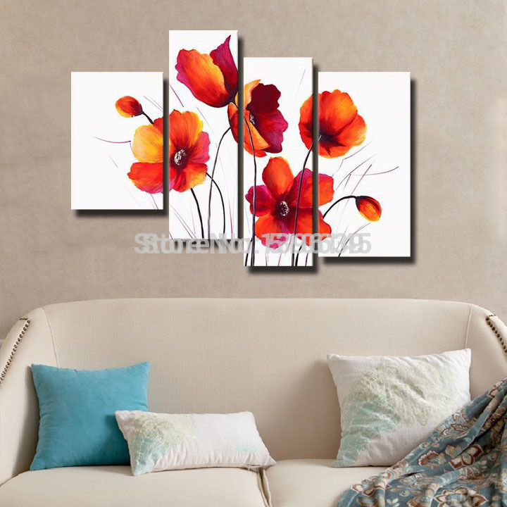 handpainted the red poppies 4pcs/set handmade modern abstract oil painting on canvas wall art home decoration