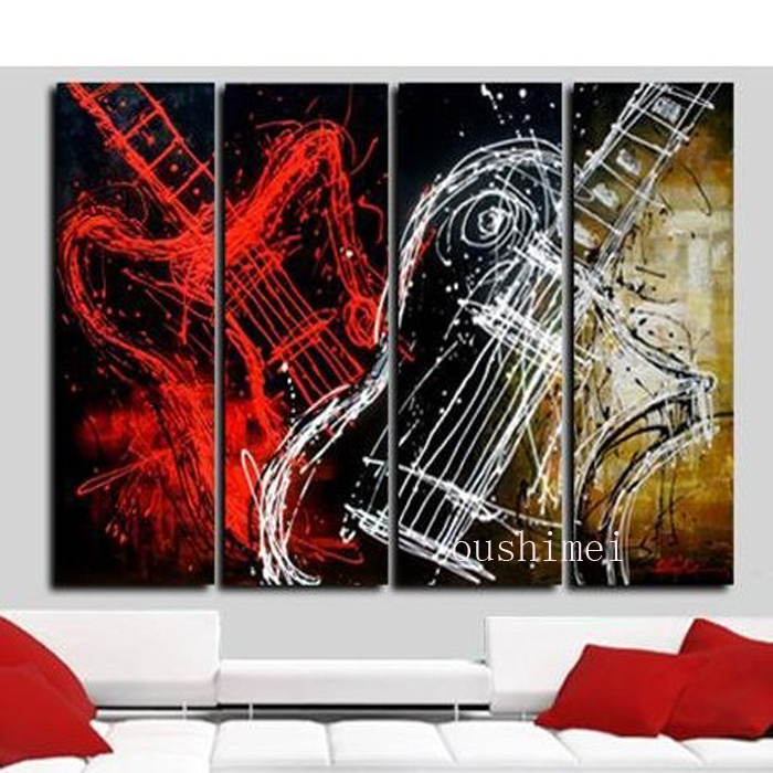 handmade 4pcs modern pictures on canvas music oil painting for living room wall art red white guitar craft still