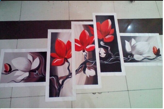 for sell handmade modern red flowers painting oil paintings art oil painting on canvas 5pcs/set