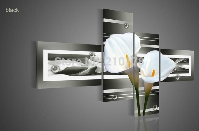 hand-painted wall art black pure white lilies home decoration landscape oil painting on canvas 4pcs/set dy-040