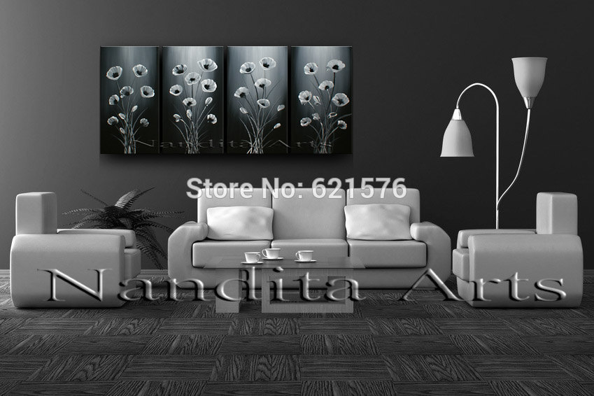 4pc/set framed hand-painted modern white corn poppy black flower wall art picture home decor abstract oil painting on canvas art