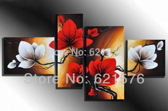 hand-painted hi-q hanging wall art home decor abstract flower oil painting on canvas red and white bombax ceiba 4pcs/set framed