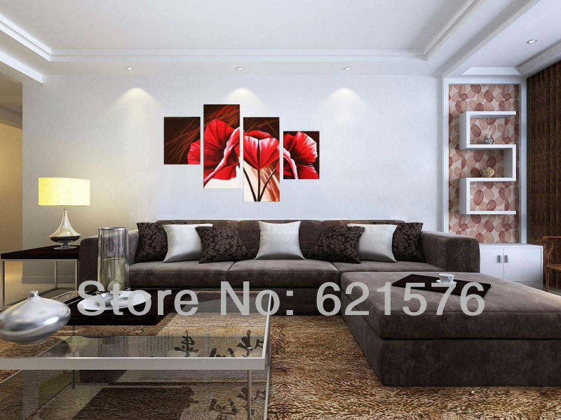 hand-painted hi-q hanging wall art home decorative abstract flower oil painting on canvas red corn poppy on brown4pcs/set framed