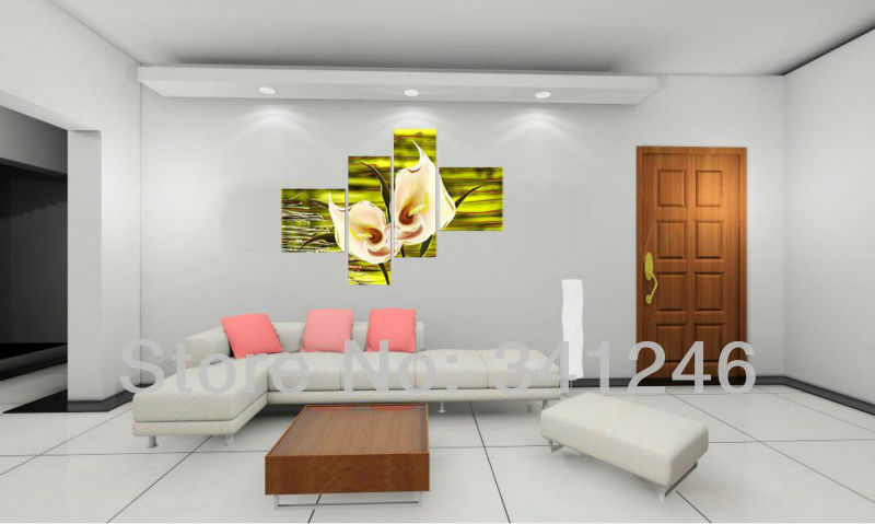 hand-painted hi-q modern art home decorative flower oil painting on canvas blooming calla lily on light green 4pcs/set framed