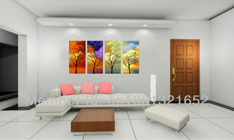 hand-painted hi-q modern decorative landscape oil painting on canvas colorful auspicious clouds tree3 4pcs/set framed