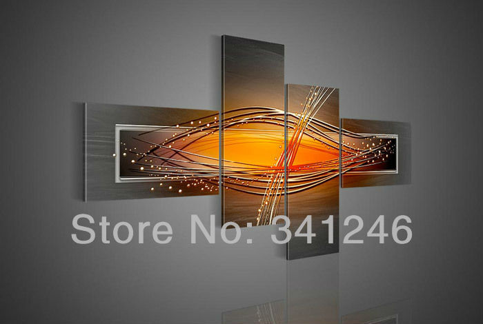 hand-painted hi-q modern fashion wall art home decorative abstract oil painting on canvas bouncing line orange 4pcs/set framed