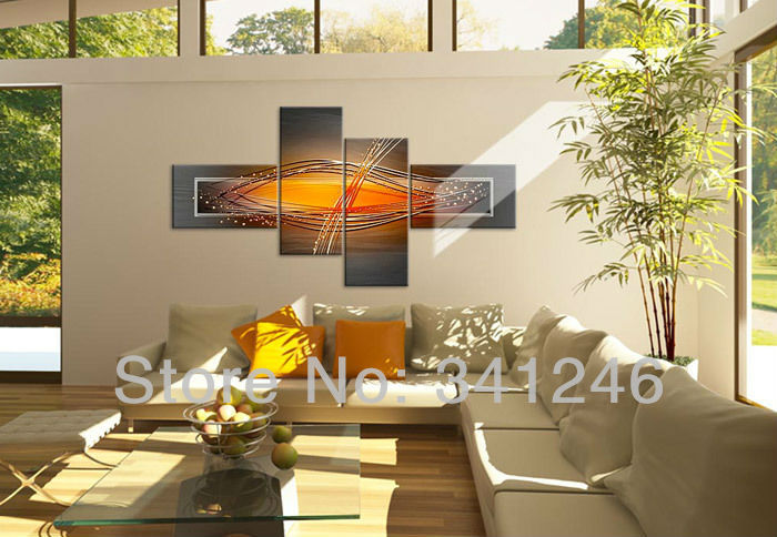 hand-painted hi-q modern fashion wall art home decorative abstract oil painting on canvas bouncing line orange 4pcs/set framed