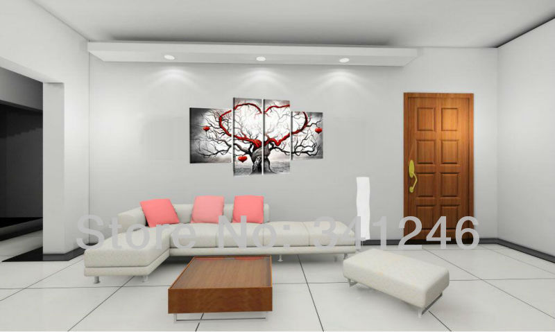 hand-painted hi-q modern fashion wall art home decorative abstract oil painting on canvas light grey love tree 4pcs/set framed