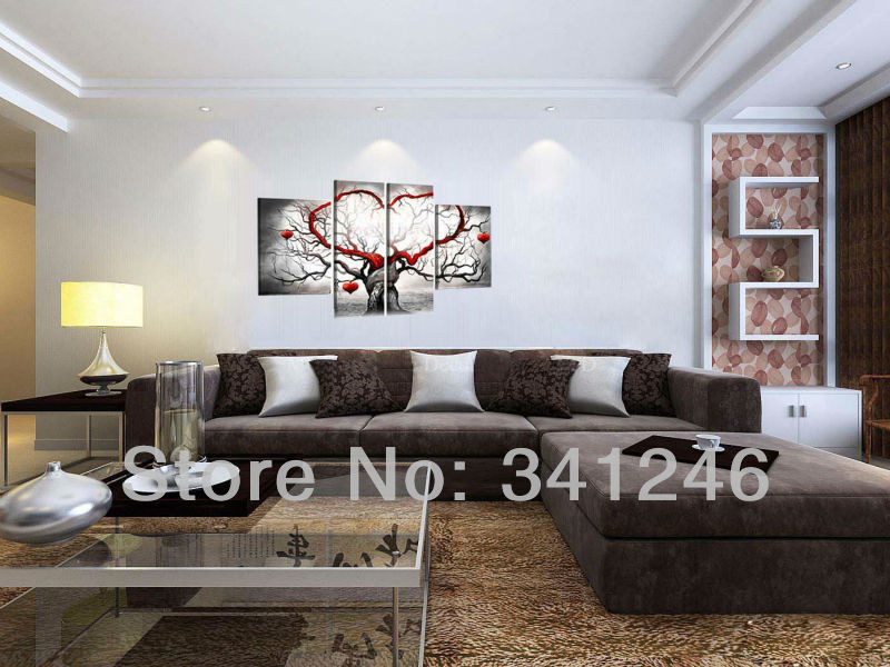 hand-painted hi-q modern fashion wall art home decorative abstract oil painting on canvas light grey love tree 4pcs/set framed