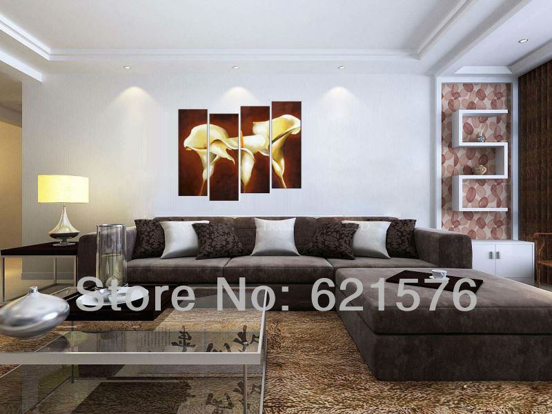 hand-painted hi-q modern hanging wall home decor flower oil painting on canvas light yellow calla lily on brown 4pcs/set framed