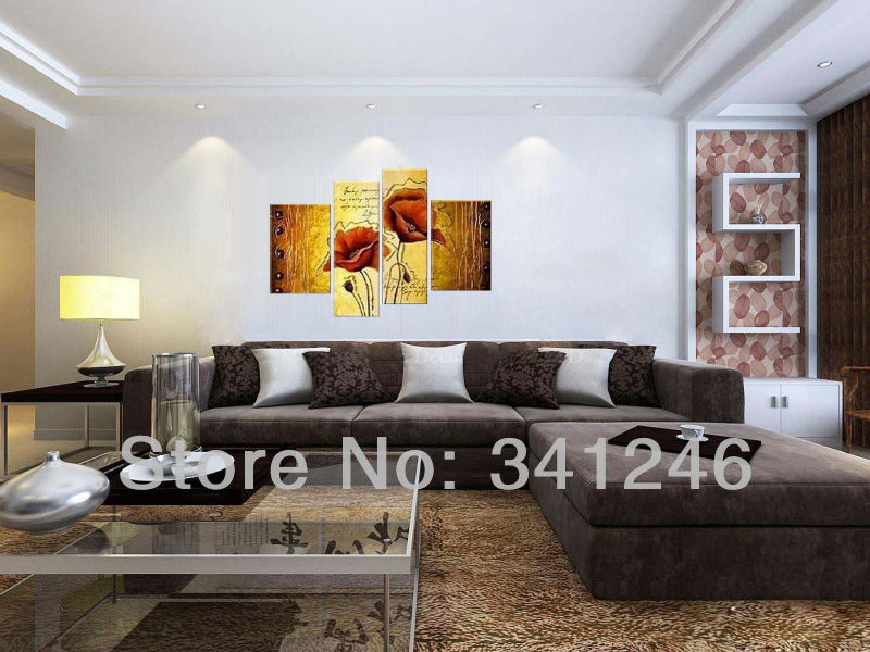 hand-painted hi-q modern home decor abstract flower oil painting on canvas red corn poppy on brown with texture 4pcs/set framed