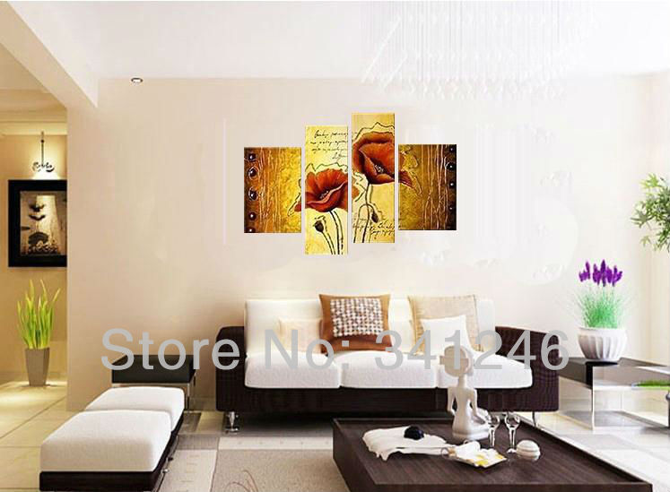 hand-painted hi-q modern home decor abstract flower oil painting on canvas red corn poppy on brown with texture 4pcs/set framed