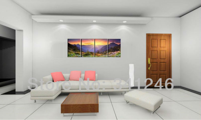 hand-painted hi-q modern wall art decorative landscape group oil painting on canvas shining upon mountain 4pcs/set framed