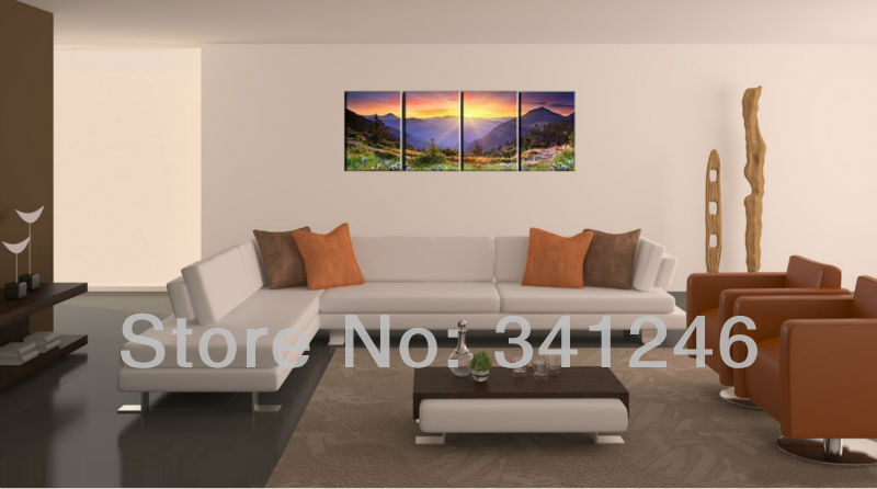 hand-painted hi-q modern wall art decorative landscape group oil painting on canvas shining upon mountain 4pcs/set framed