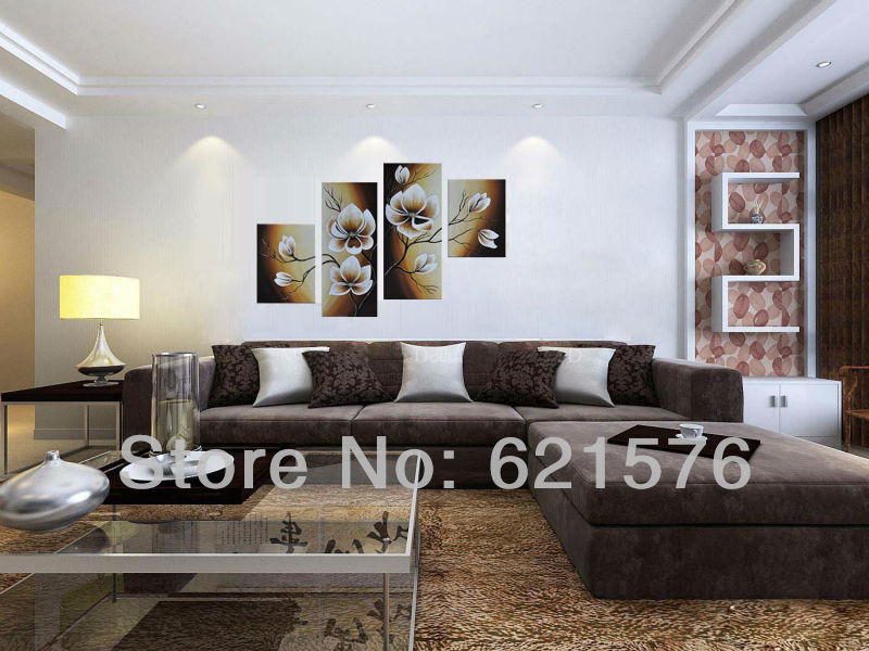 hand-painted hi-q modern wall art home decor abstract flower oil painting on canvas brown white bombax ceiba 4pcs/set framed